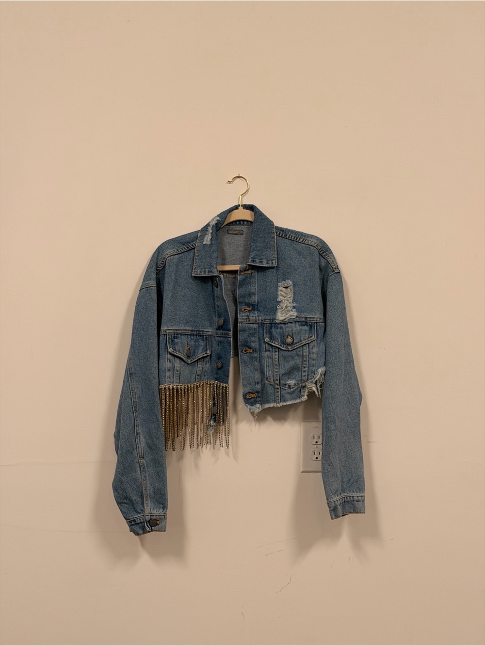 Carmar Light Blue Distressed Denim Jacket with Gold Fringe